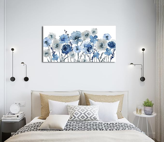 VEAEE Flowers Canvas Wall Art - Indigo Floral Canvas Pictures Living Room Wall Decor Botanical Canvas Prints Painting Abstract Artwork Bedroom Office Home Decor 20"x 40"