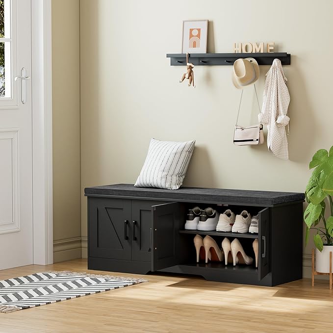 2-Tier Storage Bench, 47.2" Wide Shoe Bench with Padded Seat Cushion, Entryway Bench with 4 Barn Doors and Adjustable Shelf, Black
