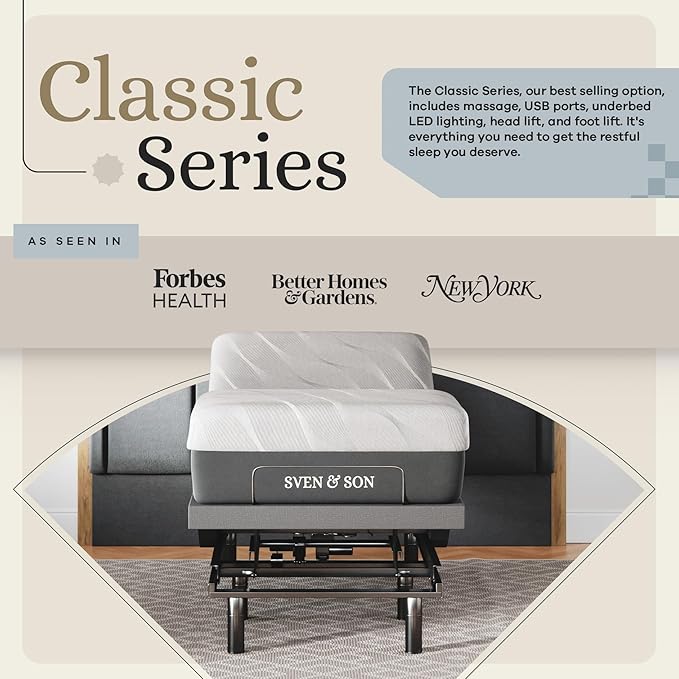 Sven & Son Classic Adjustable Bed Base, Head and Foot Lift, Massage, Under-Bed Lights, USB, Gel Memory, Zero Gravity Smart Frame - Twin XL + 10 inch Memory Foam Matt (Firm)