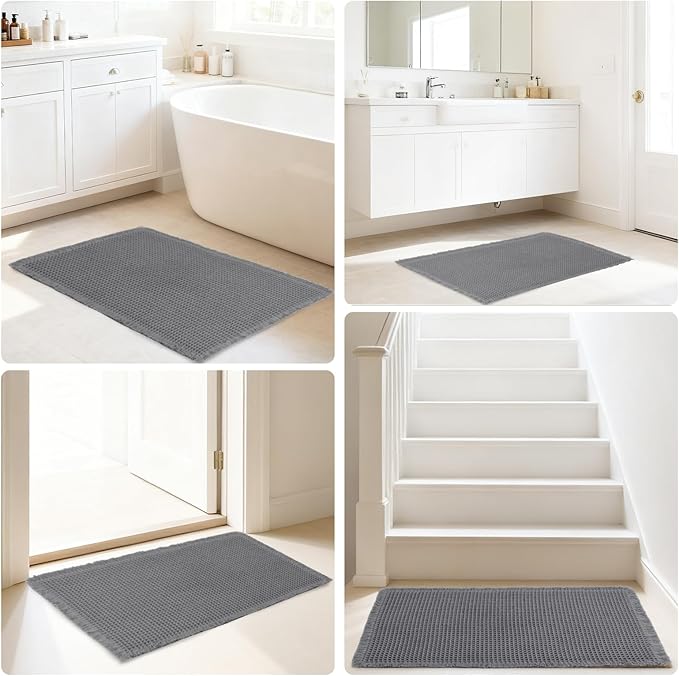 Hiasan Waffle Bath Mat, Super Absorbent Non Slip Bathroom Boho Rug with Tassels, Machine Washable Bath Mats for Bathroom, Ultra Soft Rubber Backed Rug, Dark Grey, 20 x 32 Inches