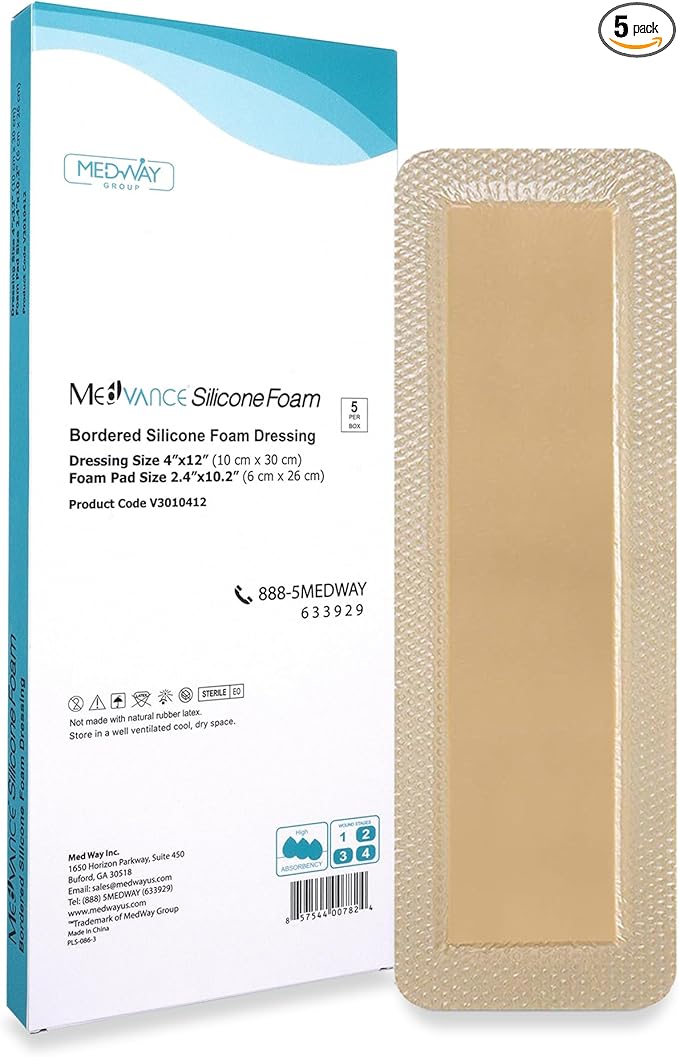 MedVanceTM Silicone - Bordered Silicone Adhesive Foam Dressing Size 4"x 12" (2.4"x10.4" Pad) Box of 5 dressings