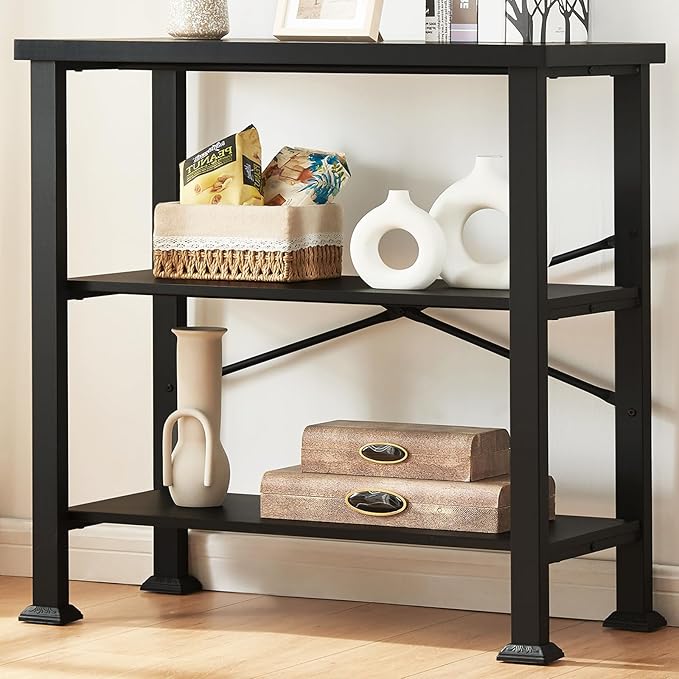 HOMBAZAAR 3 Tier Bookshelf,Black Industrial Book Shelf,Engineered Wood and Metal Deep Bookcases,Low Shelf Bookcase for Living Room,Office,Bedroom and Kitchen