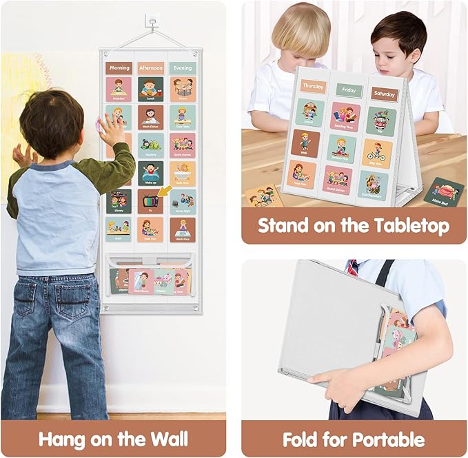 Godery Large Visual Schedule for Kids Chore Reward Chart,Bedtime Routine Chart for Toddlers,Double Side Schedule Board with 109 Cards for Home School Planner,Autism Learning Materials (White)