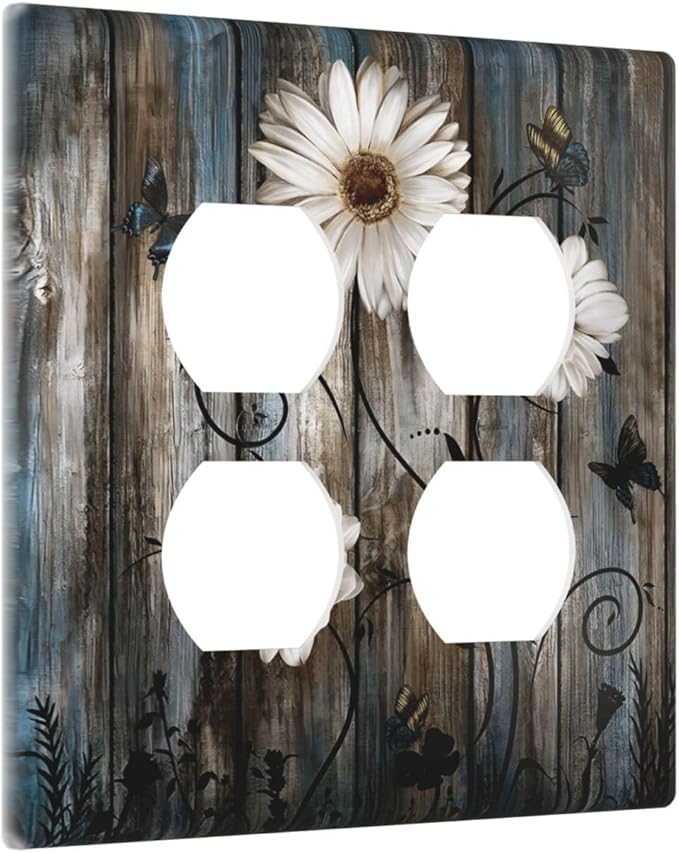 Rustic Wood Background Floral Butterfly Daisy Outlet Covers 2 Gang Double Duplex Decorative Light Switch Covers Electrical Wallplates Socket Faceplate for Farmhouse Bedroom Decor