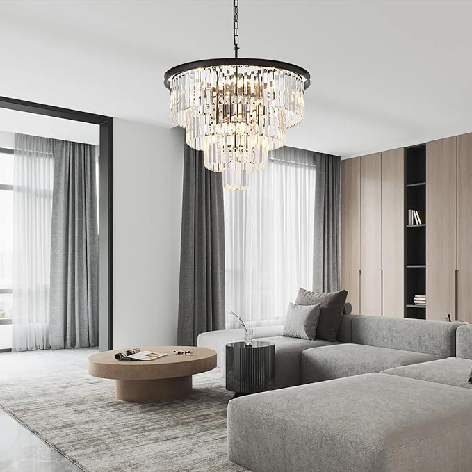 4-Tiers 23.6" Black Modern Crystal Chandelier 12-Light Crystal Pendant Ceiling Light Fixture Hanging Lighting for Entryway Dining Room Bedroom Living Room Foyer High Ceiling