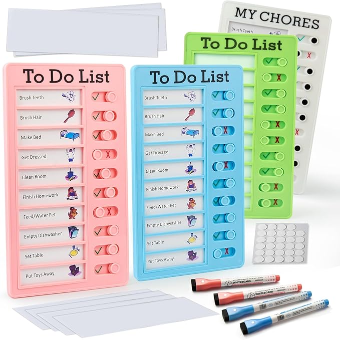 Chore Chart Board for Kids with Adhesive Pads,Kids ADHD to Do List.Helping ADHD Plan Household and Work tasks.4 Planner Boards, 4 Marker