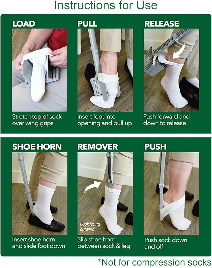 Sock Ox by Easy To Use Products, adjustable sock aid device for seniors, not for compression socks, travel-friendly for elderly with built-in shoe horn, up to 36 inches in length