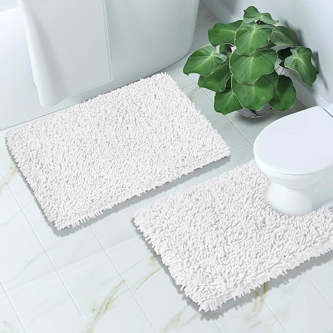 Yimobra Bathroom Rugs Sets 2 Piece, Soft Absorbent Bath Mat and U-Shaped Toilet Rug with Non Slip Backing, Luxury Shaggy Bath Mats for Bathroom, Machine Washable, 24"x17"+24"x20", White