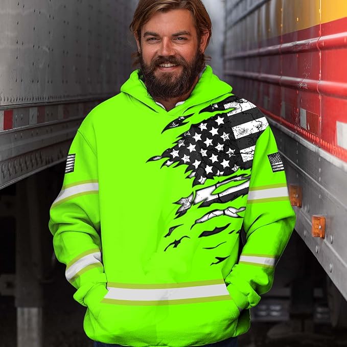 US Flag High Visibility Hoodie for Men Reflective Hoodie Safety Workwear for Worker Runner Patriotic ACC02