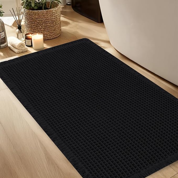 Hiasan Waffle Bath Mat, Super Absorbent Non Slip Bathroom Boho Rug with Tassels, Machine Washable Bath Mats for Bathroom, Ultra Soft Rubber Backed Rug, Black, 24 x 60 Inches