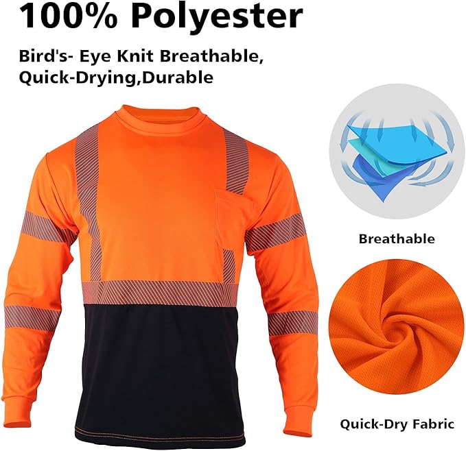 VENDACE 3pcs Safety T Shirts Reflective High Visibility Hi Vis Long Sleeve Construction Work Shirts for Men Class 3