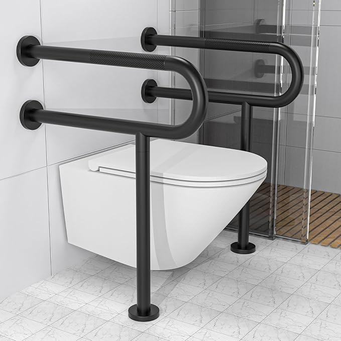 Toilet Support Rail 23.4X 28 Inch, Munzong Anti-Slip Black Handicap Grab Bar for Bathroom, Stainless Steel Knurled Safety handrails with Leg for Elderly Disabled Pregnant-1.25’Tube