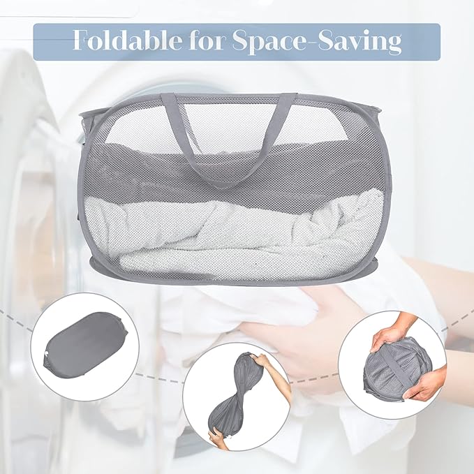 4 Pack Collapsible Laundry Baskets, Foldable Laundry Basket with Pocket, Durable Pop Up Hampers, Reinforced Handles Dirty Clothes Hamper for Laundry, Bedroom, Bathroom, Dorm, Travel or Camping Grey