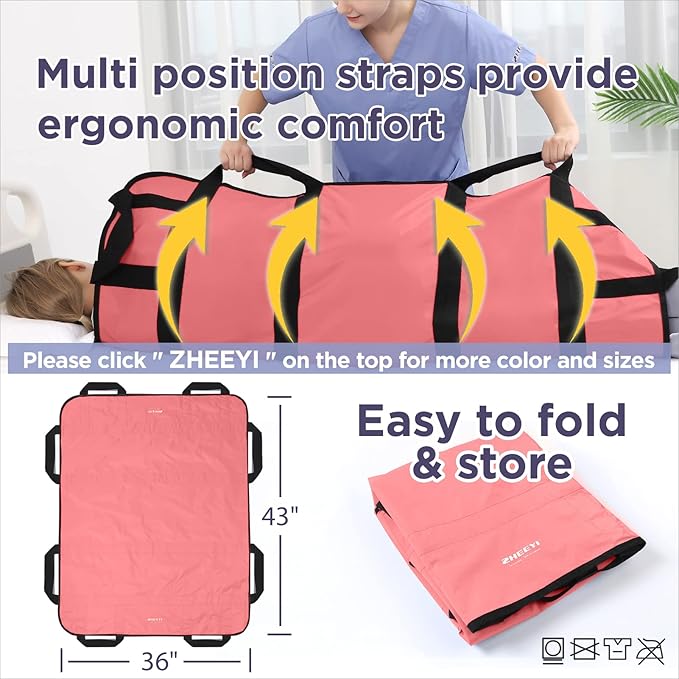 Multipurpose 43" x 36" Positioning Bed Pad with Reinforced Handles - Reusable & Washable Transfer Sheet for Turning, Lifting & Repositioning - Double-Sided Nylon Fabric, Pink