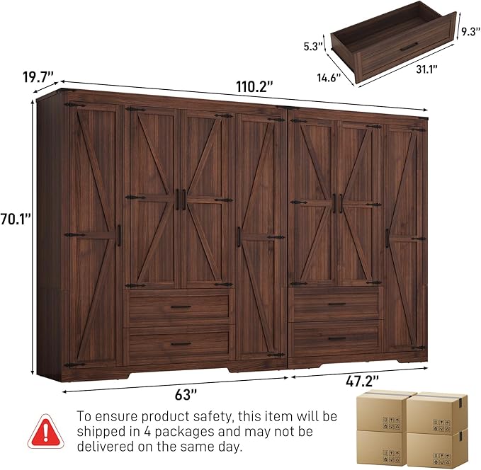 7 Doors Wardrobe Armoire Closet with Doors and Drawers, Farmhouse Wooden Armoire Storage Cabinet with Shelves & Hanging Rod for Bedroom, Brown