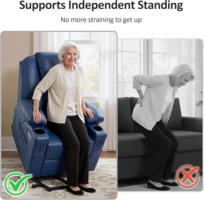 MCombo Power Lift Recliner Chair for Elderly, Lift Chair with Heat and Massage, FSC Certified, USB Ports, Cup Holders, Faux Leather 7141 (Blue, Small)