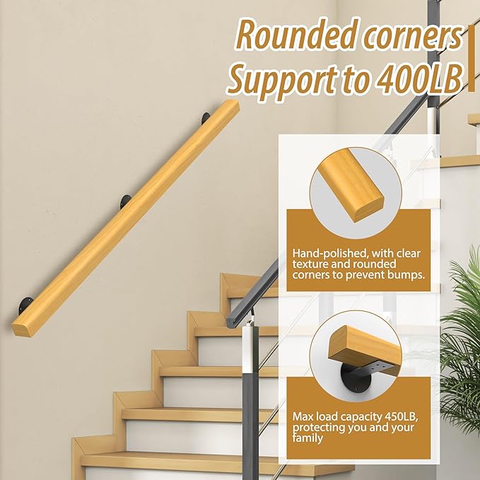 5FT Wooden Stair Handrails,Hand Railings for Stairs Indoor Outdoor Wall Mount Support Wood Handrails,Non-Slip Sturdy Staircase Handrail Safety Grab Bar Rod Complete Kit for Home,Lofts,Guardrail