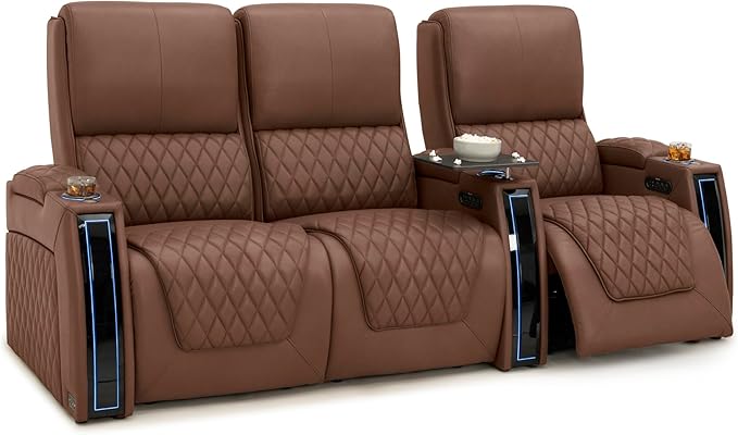 Seatcraft Apex Zero-Gravity CoolZero Italian Leather Home Theater Seating, Powered Headrest, Powered Lumbar, Powered Recline, Row of 3 Left Loveseat, Tobacco