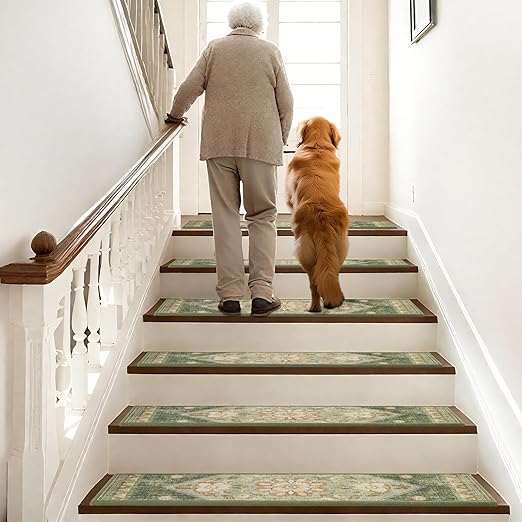 Non Slip Stair Treads for Wooden Steps Indoor, Light Green, 15pcs, 30"X8", Soft Carpet Mat, Machine Washable Boho Carpet Treads with Reusable Adhesive Backing, Safety Stair Tread for Dog, Kid, Elder