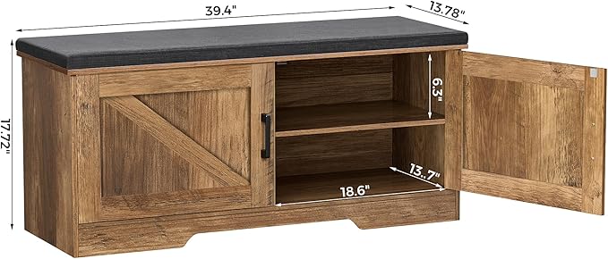 2-Tier Storage Bench, 39.4" Wide Shoe Bench with Padded Seat Cushion, Entryway Bench with 2 Barn Doors and Adjustable Shelf, Rustic Walnut