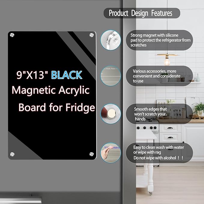 9"X13" Black Acrylic Magnetic Dry Erase Board for Refrigerator,Magnetic Dry Erase Board for Fridge,Acrylic Board for Fridge Includes 6 Colors Markers