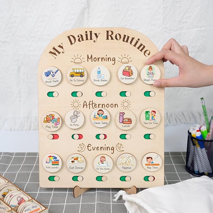 Daily Routine Chart for Kids, Visual Schedule, Routine Chart for Toddlers 3-5, Morning Bedtime Routine Chart for Toddlers, Wooden Chore Chart for Kids