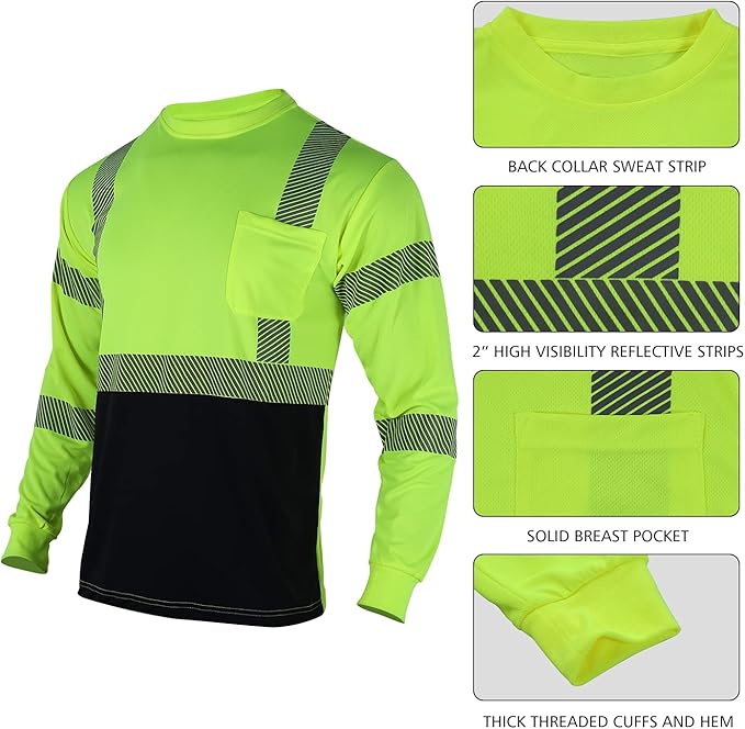 VENDACE Safety Reflective High Visibility Long Sleeve Shirts ANSI Class 3 Hi Vis Construction Work T Shirts for Men