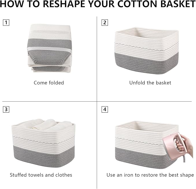 4 Pack Storage Baskets for Organizing, 13"X9"X7.87", Decorative Cotton Rope Baskets with Wave-Patterned Embroidery for Shelves, Small Woven Basket for Toys, Books and Towels, Grey & White
