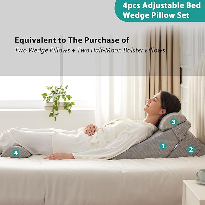 Bedluxe Adjustable 4pcs Bed Wedge Pillow Set, Memory Foam Wedge Pillows Post Surgery for Back, Neck, Leg Pain Relief, Pillow Wedge for Sleeping, Sitting up in Bed, Acid Reflux and GERD, Grey