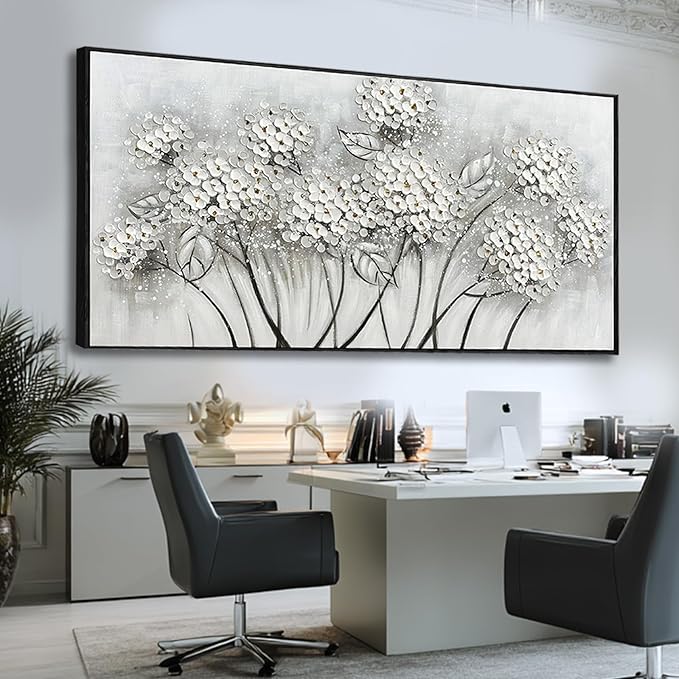 SOUGUAN Plant Hand Painted Wall Art White Wall Decor Floral Canvas Painting 32"x70" Large Artwork for Bedroom Decorative Pictures for Living Room