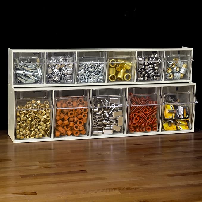 Akro-Mils TiltView Plastic Storage Cabinet with 5 Tilt Out Bins, Horizontal Plastic Parts Organizer, Teacher Toolbox, and Office Supply Organizer, 23-5/8" W x 6-1/2" H x 5-5/8" D, Stone