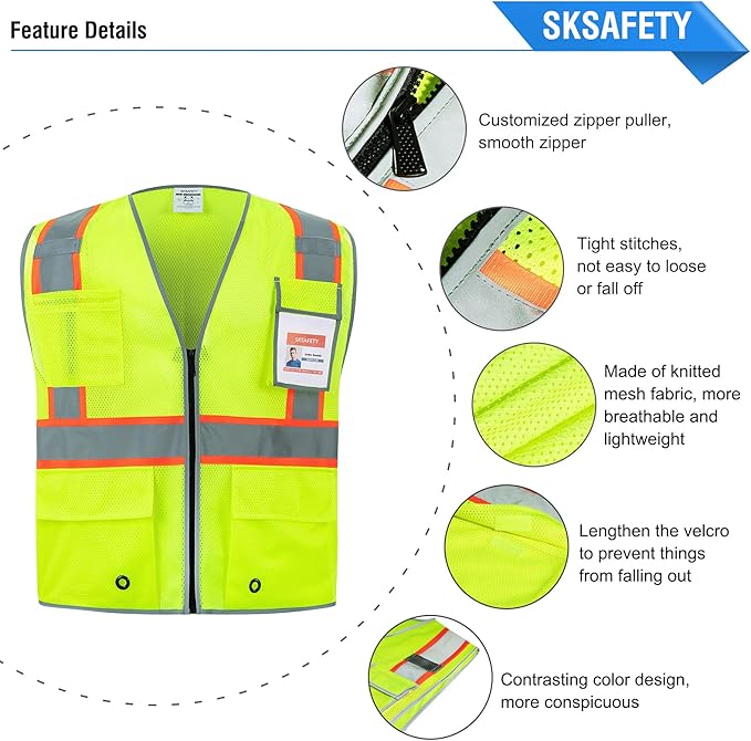 SKSAFETY 10 Pockets Safety Vest, Class 2 High Visibility Security with Zipper Double-sided mesh, Hi Vis Vest with Reflective Strips, ANSI/ISEA Standard, Construction Work Vest （Lime, M