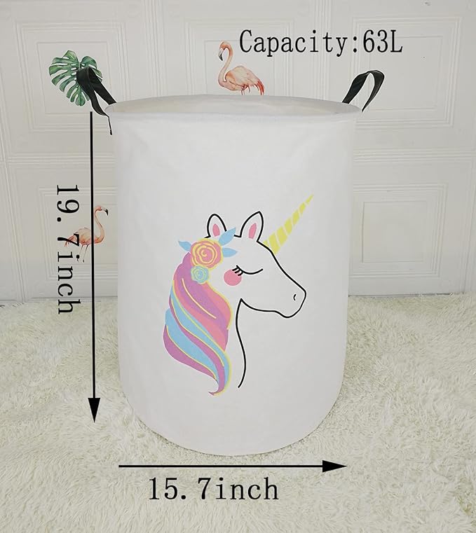 19.7 Inch Round Laundry Clothes Hamper Laundry Basket with Handles,Storage Organizer Bins Laundry Gift Basket for Room, Bedroom Decor (Single Unicorn)
