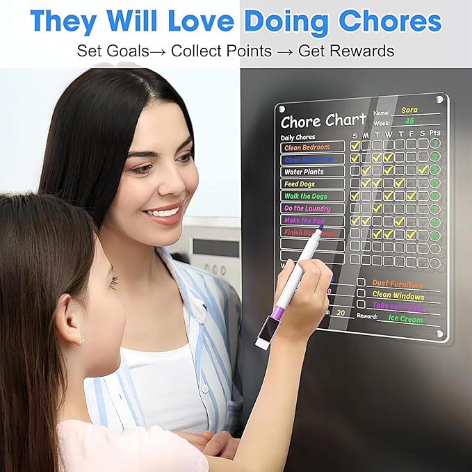 Chore Chart, Clear Dry Erase Board, Magnetic Erasable Planner, 11.97x8.98 Inches, Reusable Organizer for Kids Children Teens Adults Family Home Daily Tasks and Weekly Routine Use
