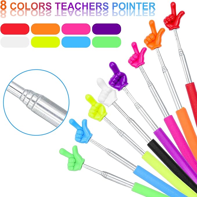 8Pcs Telescopic Teachers Pointer, Mini Pointer Finger Stick for Classroom, Retractable Hand Pointer for School Presentations(8 Colors)