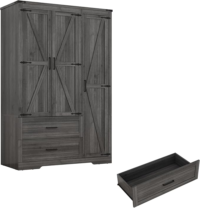 3 Doors Wardrobe Armoire Closet with Doors and Drawers, Farmhouse Wooden Armoire Storage Cabinet with Shelves & Hanging Rod for Bedroom, Grey