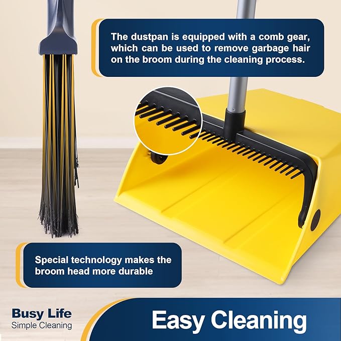 Yocada Commercial Broom and Dustpan Set with Comb Commercial Outdoor Indoor for Courtyard Garage Lobby Mall Market Floor Home Kitchen Room Office Pet Hair Rubbish