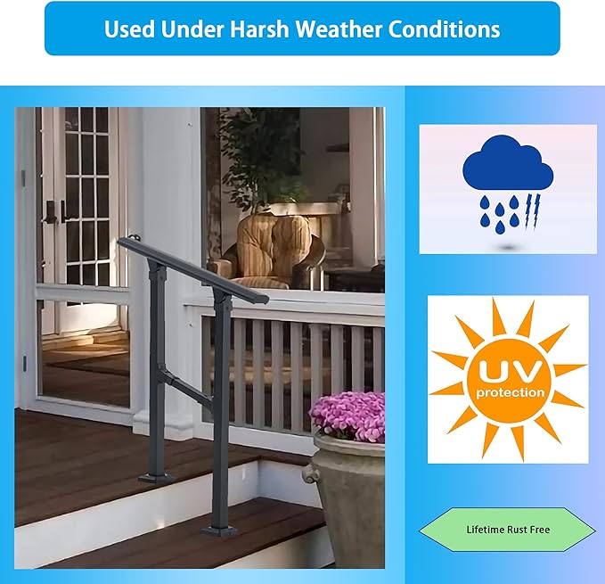3 Steps Handrail for Outdoor Steps, Premium Aluminum Alloy Railing Set, Porch Railing Kit,Free Installation Kits Included, Used Under Harsh Weather Conditions,Rust Free, for 2-3 Steps