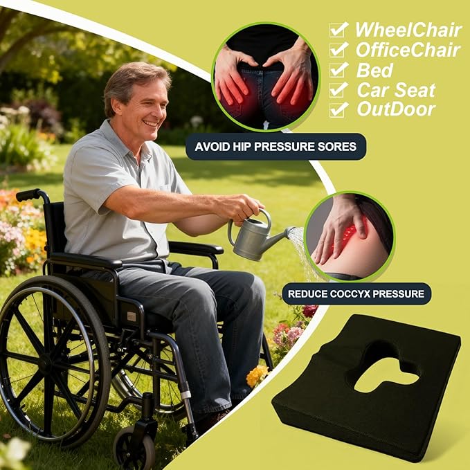 Gel Wheelchair Seat Cushion,Bed Sore Cushions for Butt,Chair Pressure Sore Cushion,Memory Foam Butt Pillow for Bed,Pressure Ulcer Pain Relief,Sciatica,Coccyx,Non-Slip Washable Cover(Black)