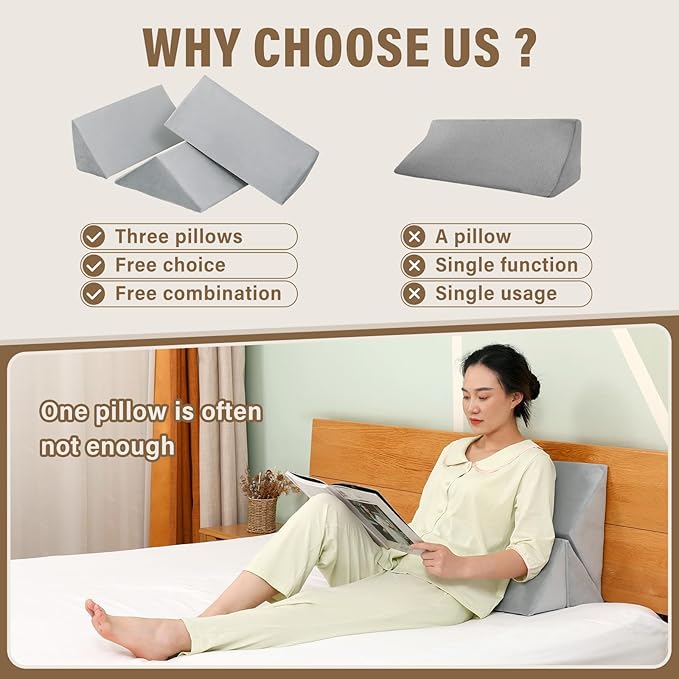TYYIHUA 3 in1 Foam Wedges for Positioning in Bed,Wedge Pillows for Seniors,Wedges for Bed Positioning,Bed Wedges & Body Positioners,Wedge Pillow for Back Pain Relief, Bed Sores,Gray Velvet