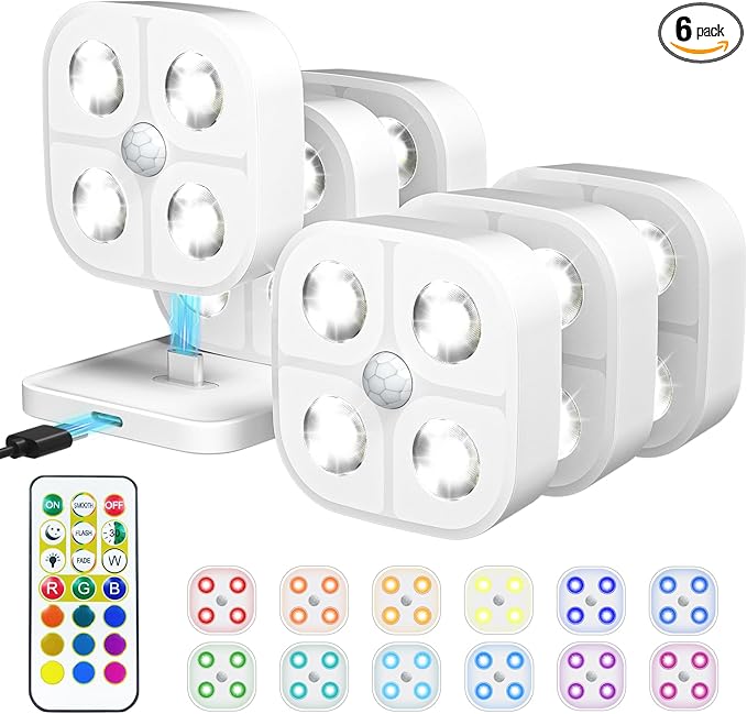 Wireless Step Light Rechargeable Puck Lights with Charging Station, RGB Motion Sensor Puck Light Under Cabinet Lighting with Remote Control, LED Closet Lights for Stair, Kitchen (6 Pcs)
