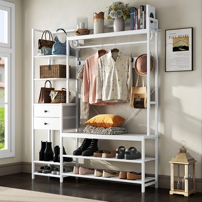 7-in-1 Hall Tree with Bench and Shoe Storage for Entryway, Entryway Bench with Coat Rack, Storage Shelves, Shoe Race, Coat Hooks and 2 Fabric Drawers for Hallway(White)