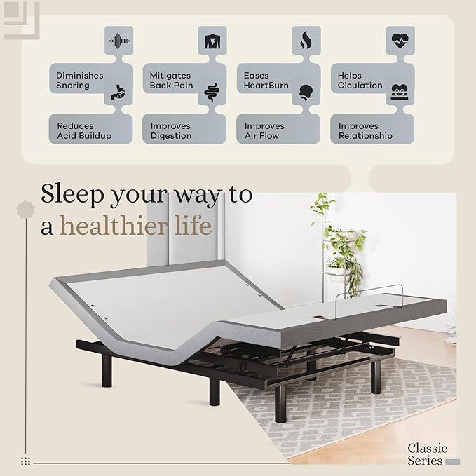 Sven & Son Classic Adjustable Bed Base, Head and Foot Lift, Massage, Under-Bed Lights, USB, Gel Memory, Zero Gravity Smart Frame - Queen