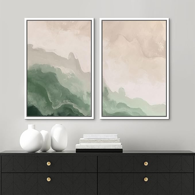 MUDECOR Framed Canvas Print Wall Art Soft Green and Beige Abstract Calming Watercolor Landscape Illustrations Modern Art Decorative Bohemian Chic for Living Room, Bedroom, Office - 24"x36"x2 White