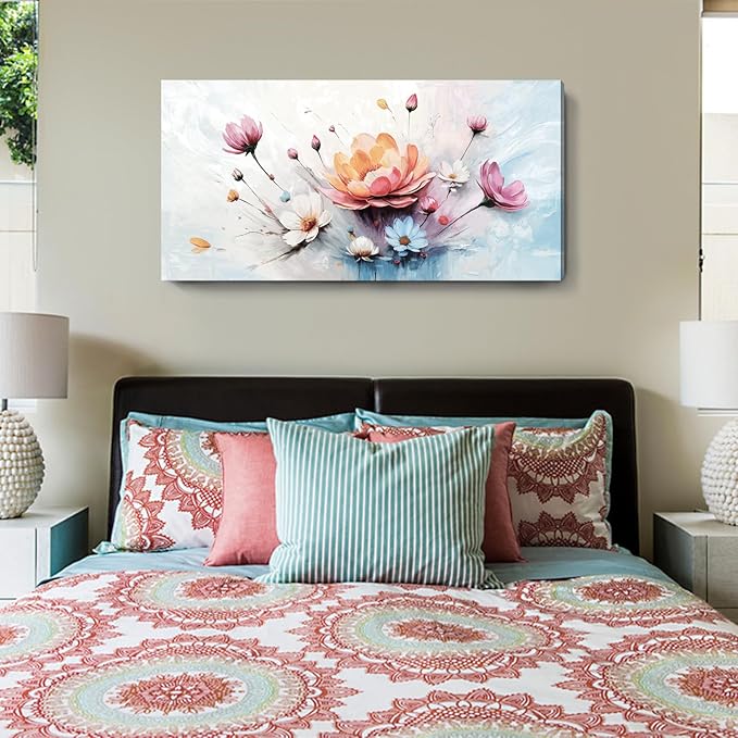 amatop Floral Canvas Wall Art – Framed Modern Abstract Botanical Print in Pink, Blue & White, Nature Art for Living Room, Bedroom & Office Decor (48x24 Inches)