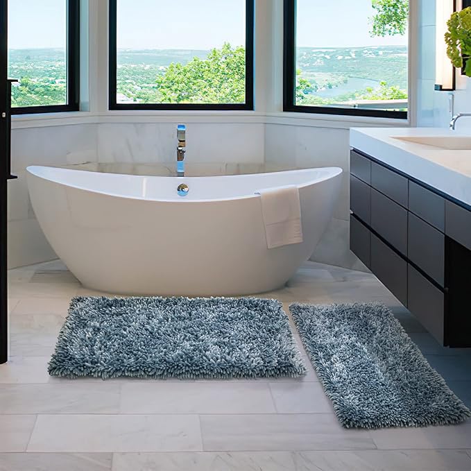 Yimobra Bathroom Rug Set 2 Piece, Luxury Shaggy Bath Mat Set with Non Slip Backing, Ultra Soft & Absorbent Mats for Bathroom Floor, Machine Washable, 44"x24"+24"x17", Light Blue