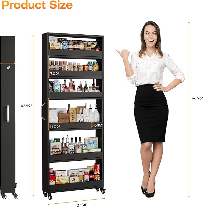 Slim Storage Cart, Lightweight 6 Tier Metal Rolling Utility Kitchen Cart on Wheels, Mobile Storage Shelving Unit Organizer for Bathroom Laundry Office Narrow Places (Black, 6" D)