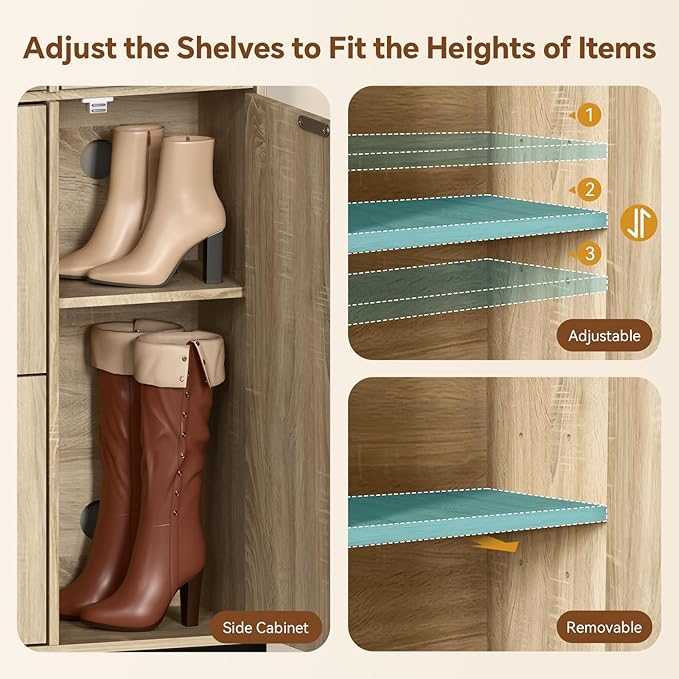 Shoe Cabinet with 2 Flip Cabinets & Side Cabinet, Shoes Cabinet with Adjustable Shelves, Shoe Storage Organizer for Entryway, Hallway Living Room, Space-Saving, Rustic Oak