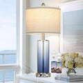 26 Inch Blue Glass Lamp Single, 3-Way Dimmable Touch Control Coastal Bedroom Table Lamp with USB C+A Ports & AC Outlet, Bed Side Lamps for Nightstand, Living Room Lamps for Side Table Office