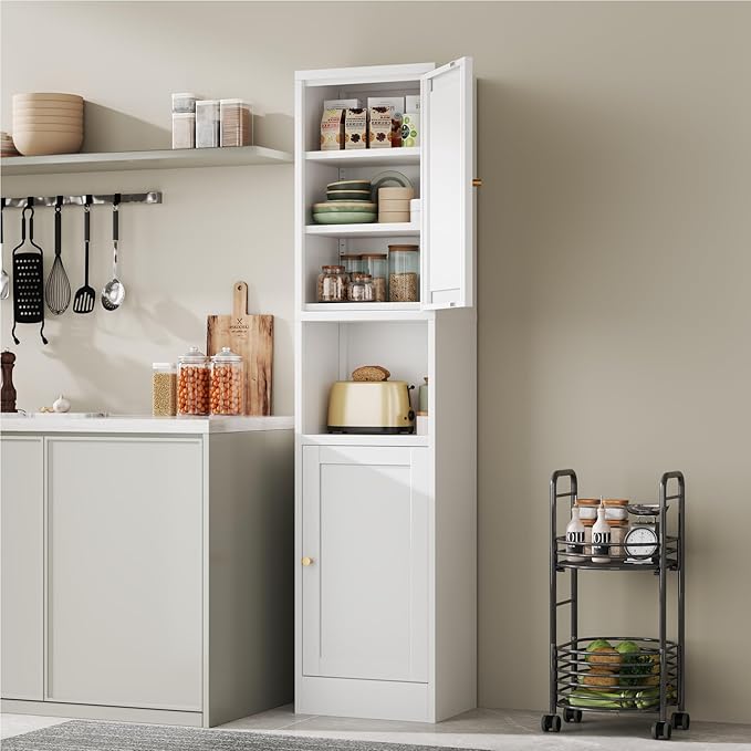 2-Door Metal Storage Cabinet, Tall Slim Pantry Organizer with 3 Adjustable Shelves (120LBS/Shelf), Anti-Tipping Waterproof Cabinet for Bathroom/Kitchen/Home Office/Small Spaces, (1PC,White)